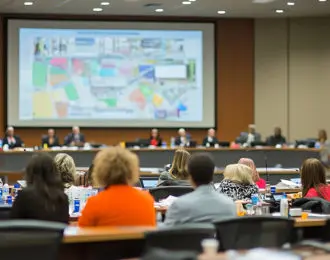 city council meeting in progress, with officials discussing potential infrastructure projects. Attendees are engaged, showcasing collaborative atmosphere