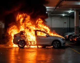 Ev car burning in parking garage creating a dangerous situation