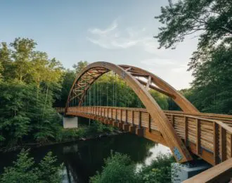 Contemporary wooden pedestrian bridge spanning a serene river in a lush green forest landscape.
