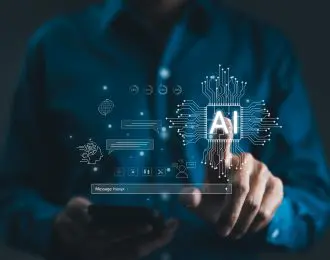 Chat with AI or Artificial Intelligence technology. Man touching chatting virtual with an intelligent artificial intelligence asks for the answers he wants. Smart assistant futuristic, Chatbot,
